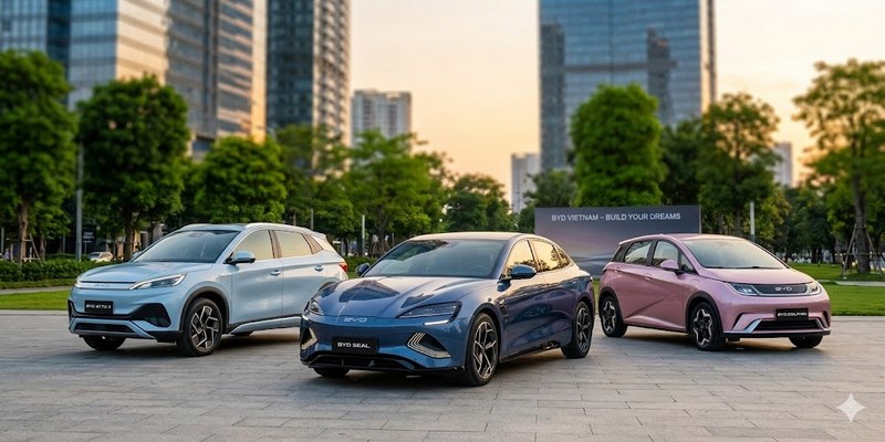 Bộ ba xe điện BYD tại một công viên hiện đại ở Hà Nội